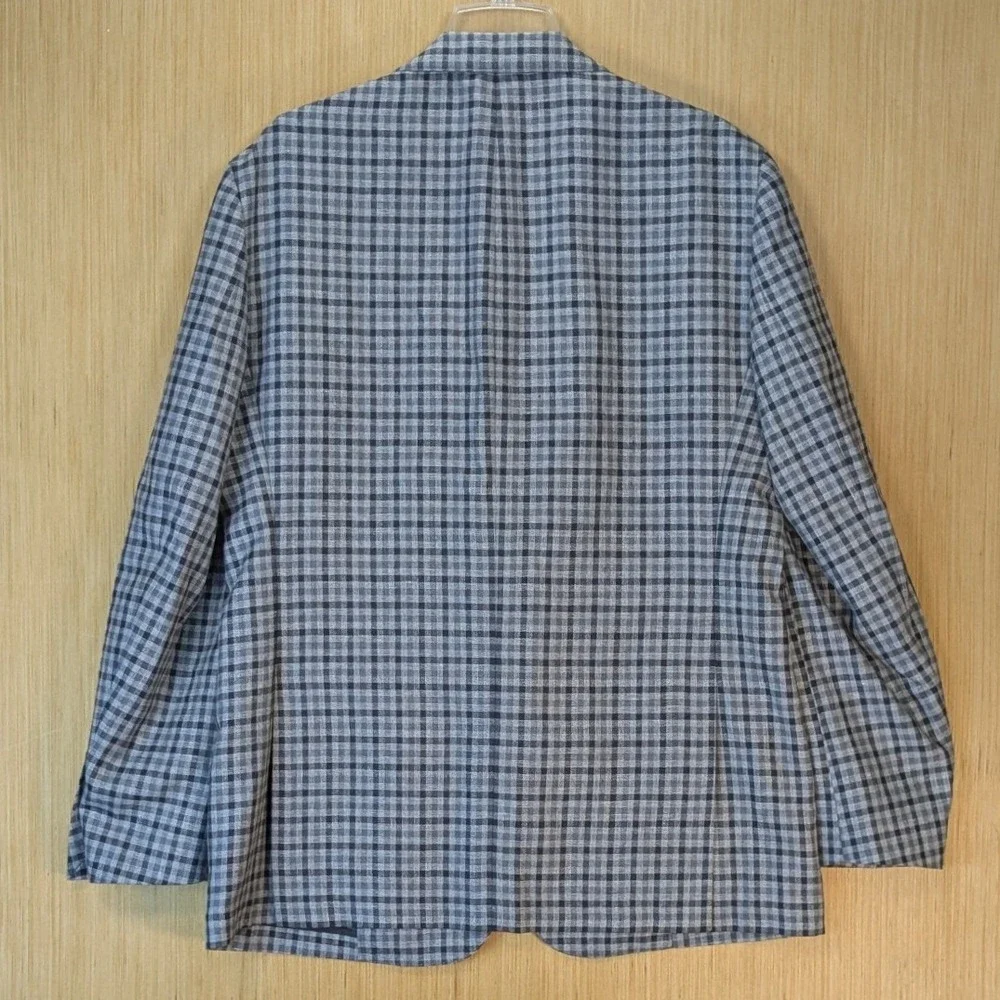 Hickey Freeman Mens 46L Gingham Check Linen Wool Blend Blazer Sport Coat Grey